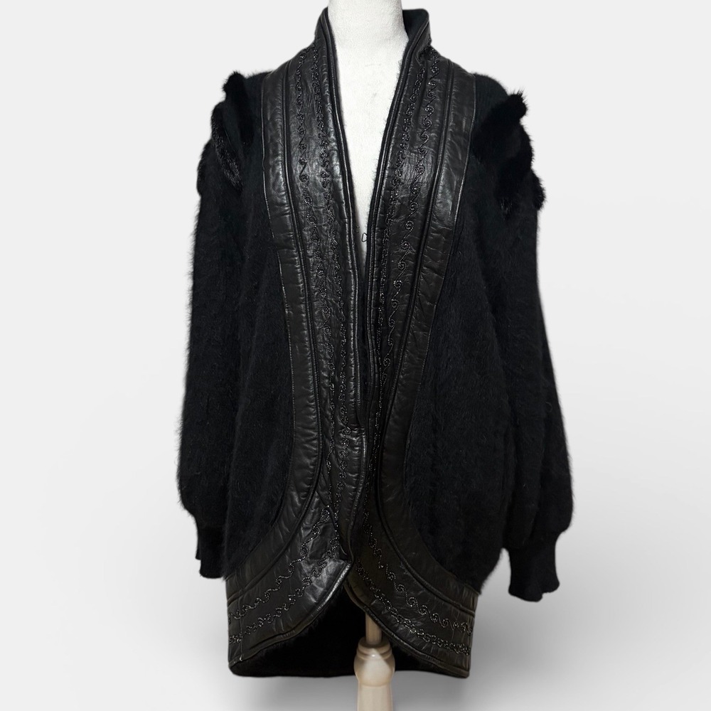 Carter Classics Vintage Angora Knit Cocoon Cardigan Leather‎ Trim Fur Jacket M